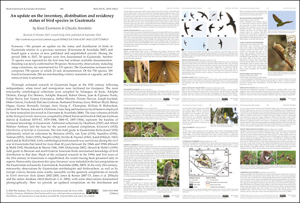 Eisermann, K. & C. Avenda&ntilde;o (2018) An update on the inventory, distribution and residency status of bird species in Guatemala. Bulletin British Ornithologists' Club 138: 148-229.